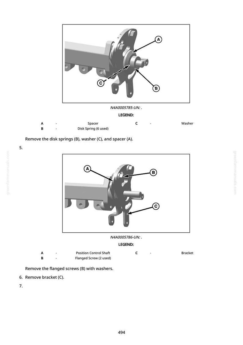 May include: Diagram of mechanical components, including a spacer, disk spring, and washer, labeled A, B, and C, respectively. The image also shows a position control shaft, flanged screw, and bracket. Text instructions are included.