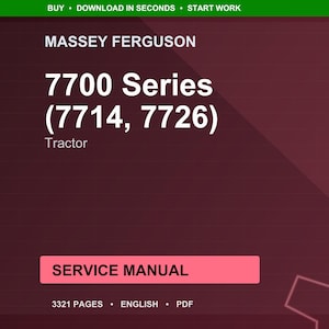 K&ouml;nnte beinhalten: Ein digitales Servicehandbuch f&uuml;r Massey Ferguson Traktoren der 7700er Serie, einschlie&szlig;lich der Modelle 7714 und 7726. Das Cover ist tiefrot mit wei&szlig;em Text, einschlie&szlig;lich "SERVICE MANUAL" in einem rosa Rechteck. Das Handbuch hat 3321 Seiten.