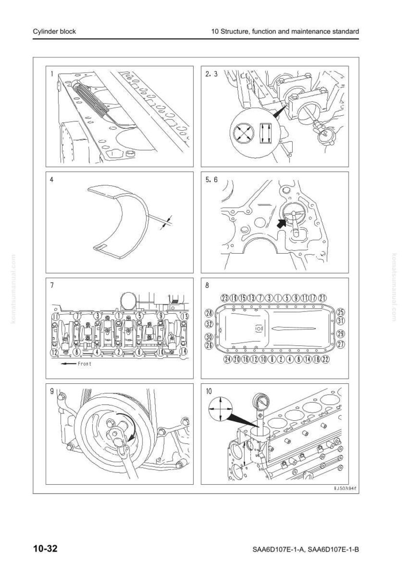 May include: Diagram of a cylinder block with detailed illustrations of engine components. Includes numbered diagrams showing various parts, such as a crankshaft bearing, oil pan, and pulley. Text includes "Cylinder block" and "10 Structure, function and maintenance standard."