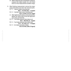 May include: A page from a manual titled "Testing and Adjusting" with instructions on measuring compression pressure. Includes torque specifications in Newton-meters and kilogram-meters for various engine components.