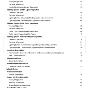 May include: A white page with a detailed table of contents for agricultural machinery diagnostics. The text includes topics like lighting systems, hydraulic systems, and connector information. The page numbers are on the right.