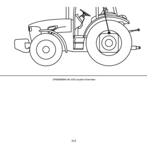 以下が含まれることがあります： トラクターの白黒線画。側面図で、車輪、キャビン、ハンドルが表示されています。画像には「CPA006684-UN: X33 Location Overview」というテキストも含まれています。