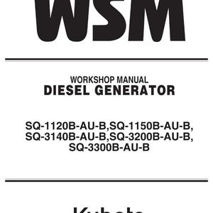 Może przedstawiać: Biała okładka instrukcji z pogrubionymi czarnymi literami "WSM" na g&oacute;rze. Poniżej tekst brzmi "WORKSHOP MANUAL DIESEL GENERATOR". Logo Kubota znajduje się na dole.