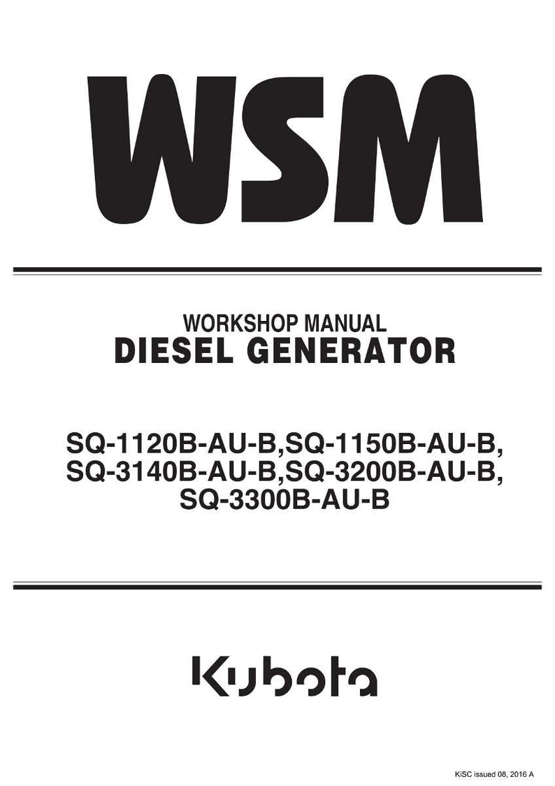 Może przedstawiać: Biała okładka instrukcji z pogrubionymi czarnymi literami "WSM" na g&oacute;rze. Poniżej tekst brzmi "WORKSHOP MANUAL DIESEL GENERATOR". Logo Kubota znajduje się na dole.