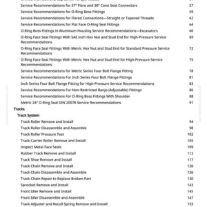 May include: A detailed table of contents from a manual, listing torque values, service recommendations, and track system procedures. The text is in black on a white background, with page numbers.