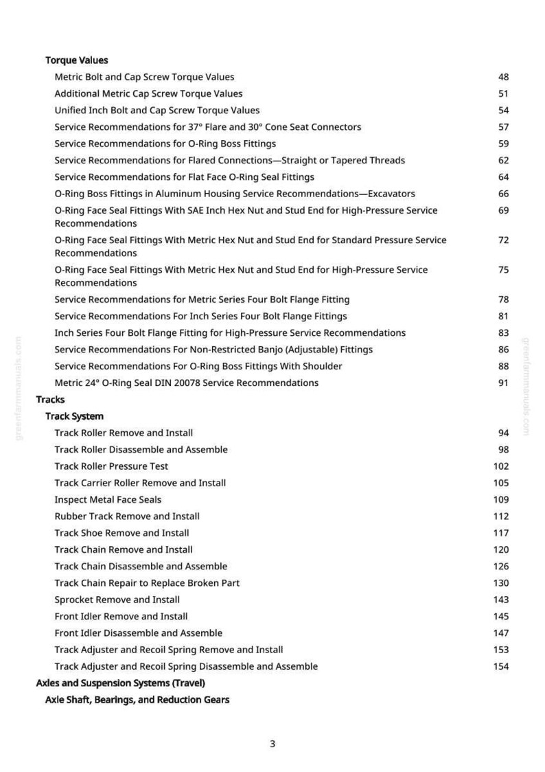 May include: A detailed table of contents from a manual, listing torque values, service recommendations, and track system procedures. The text is in black on a white background, with page numbers.