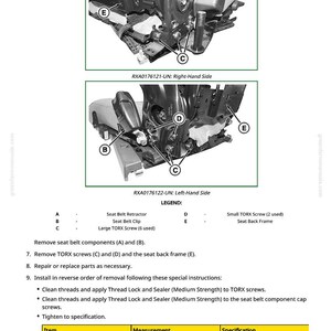 May include: Diagram of a car seat assembly with labels and instructions. Includes images of the right and left-hand sides, with callouts for seat belt components and TORX screws. The torque specification for large TORX screws is 32 N-m (24 lb-ft).
