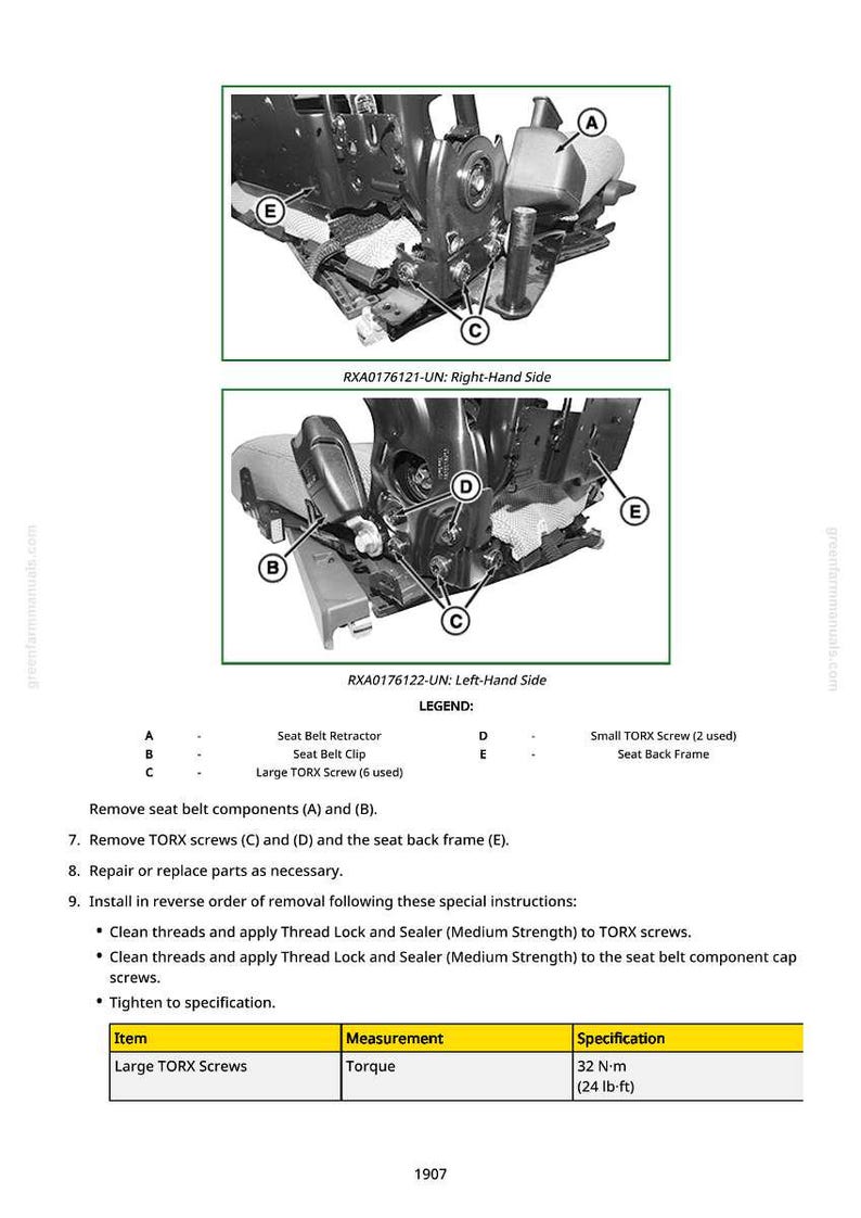 May include: Diagram of a car seat assembly with labels and instructions. Includes images of the right and left-hand sides, with callouts for seat belt components and TORX screws. The torque specification for large TORX screws is 32 N-m (24 lb-ft).