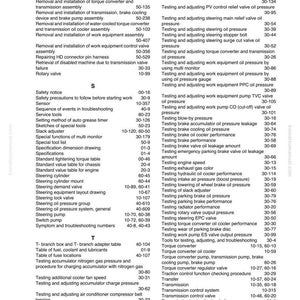 May include: A page from a Komatsu WA1200-6 service manual, featuring an index of service and repair procedures. The text is black on a white background, with headings and subheadings for easy reference. Includes troubleshooting and testing procedures.