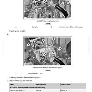 May include: Diagram of machinery components with labels and instructions. Includes images of parts, such as spring pins and cap screws, with measurements in lb-ft and N'm. Text includes "Install spring pins" and "Remove the bearing support".