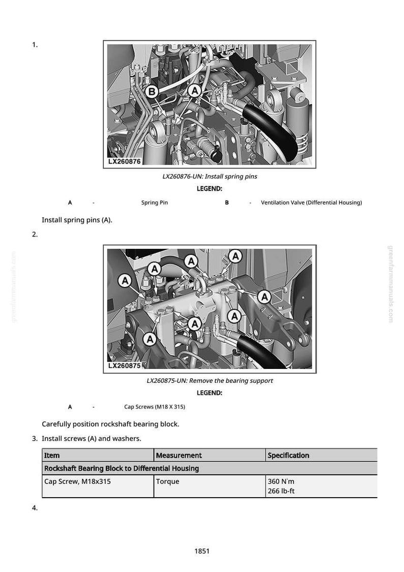 May include: Diagram of machinery components with labels and instructions. Includes images of parts, such as spring pins and cap screws, with measurements in lb-ft and N'm. Text includes "Install spring pins" and "Remove the bearing support".