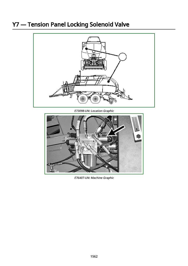 Puede incluir: Diagrama de una electrov&aacute;lvula de bloqueo del panel de tensi&oacute;n. La imagen incluye un dibujo lineal de una m&aacute;quina y una foto de primer plano del conjunto de la v&aacute;lvula. El texto incluye "Y7 - Tension Panel Locking Solenoid Valve", "E73098-UN: Location Graphic" y "E76407-UN: Machine Graphic".