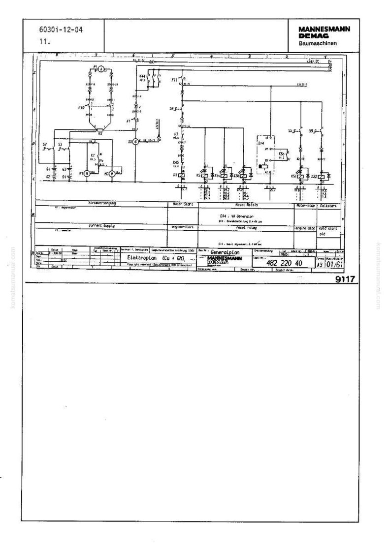 Pu&ograve; includere: Un diagramma tecnico con il testo "MANNESMANN DEMAG Baumaschinen" in alto. Il diagramma include simboli elettrici, linee ed etichette di testo, con il titolo "Elektroplan (Cu + GHO)". Il documento ha il numero "482 220 40".