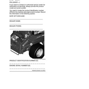 May include: Product identification document for a ZTrak Z994R. Includes spaces to record the date of purchase, dealer name, and phone number. An image shows a portion of the machine with a tire and engine components.