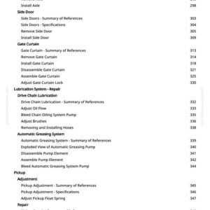 Op de afbeelding: Een witte pagina met een inhoudsopgave uit een handleiding. De tekst bevat secties over assen, zijdeuren, gordijnpoorten, smering, automatische smering en pick-up aanpassingen. Paginanummer 7 is zichtbaar.