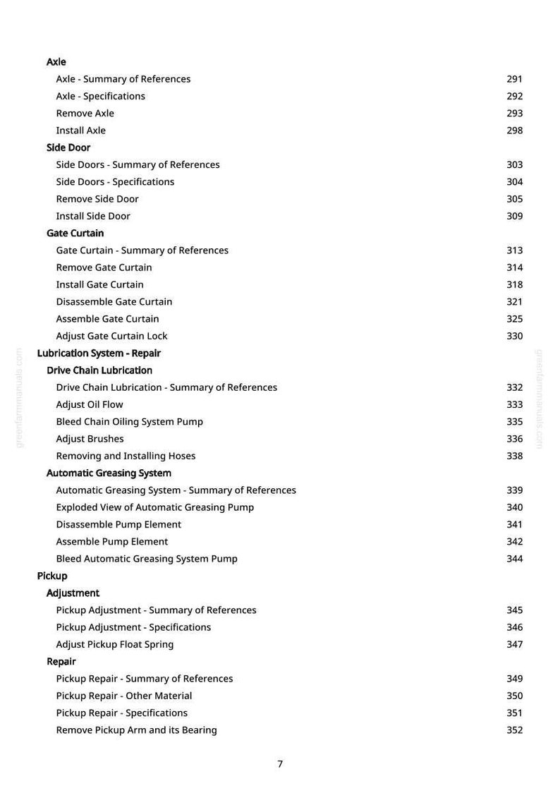 Op de afbeelding: Een witte pagina met een inhoudsopgave uit een handleiding. De tekst bevat secties over assen, zijdeuren, gordijnpoorten, smering, automatische smering en pick-up aanpassingen. Paginanummer 7 is zichtbaar.