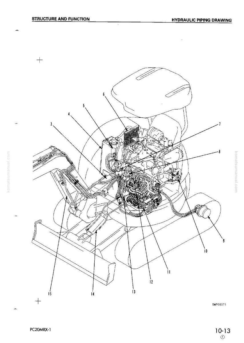 May include: A technical diagram illustrating a hydraulic system, labelled "HYDRAULIC PIPING DRAWING." The image details the internal structure of a machine, with various components and piping clearly shown. The diagram includes numbered parts and technical annotations.