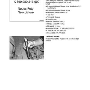 May include: Technical diagram for special tools EDC - Injection System. Includes a list of tools and specifications, along with an image of an injector wrench. The text includes "Neues Foto" and "New picture".