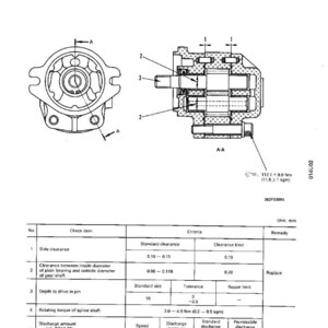 K&ouml;nnte beinhalten: Technische Zeichnung einer Abschleppwindenpumpe, bezeichnet als 5-4, Modell SBR(1)-021. Das Bild zeigt Querschnittsansichten und eine Tabelle mit Messwerten wie Seitenabstand und Drehmoment, alle in Millimetern.