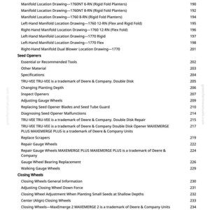 May include: A manual page featuring a table of contents with headings such as 'Manifold Location Drawing', 'Seed Openers', and 'Closing Wheels'. The page number is 5. The Deere & Company trademark is present.