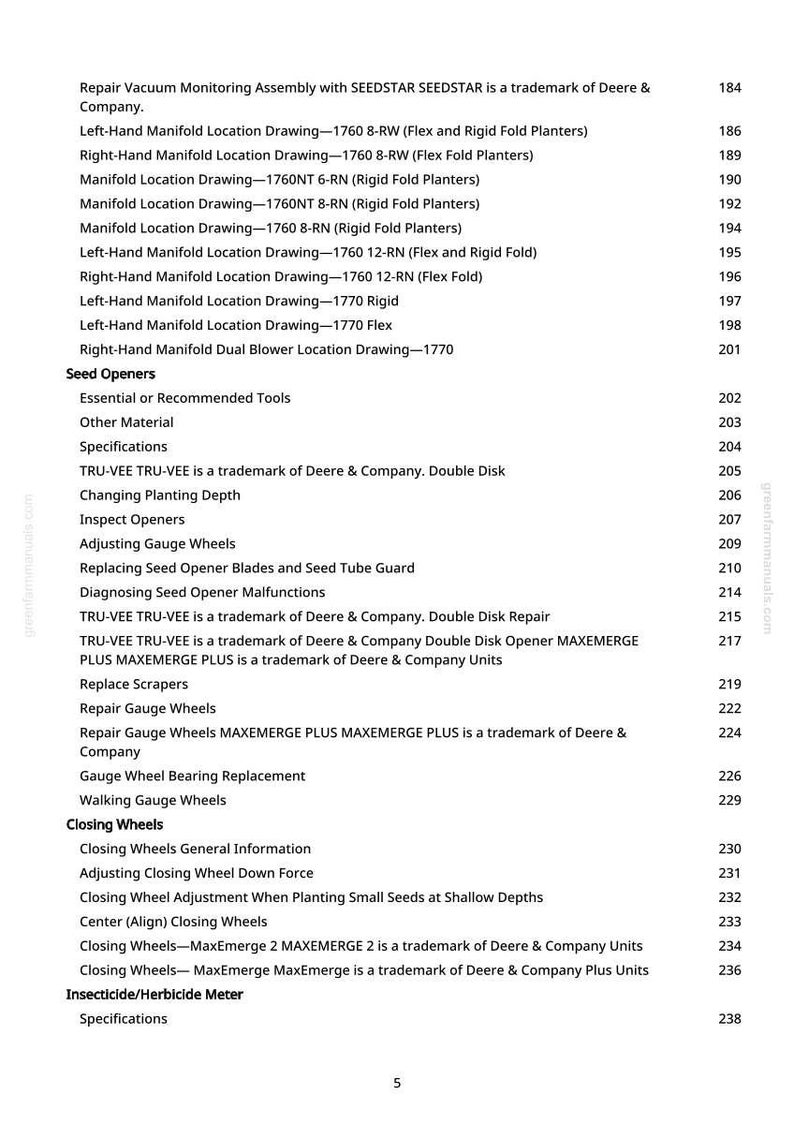 May include: A manual page featuring a table of contents with headings such as 'Manifold Location Drawing', 'Seed Openers', and 'Closing Wheels'. The page number is 5. The Deere & Company trademark is present.