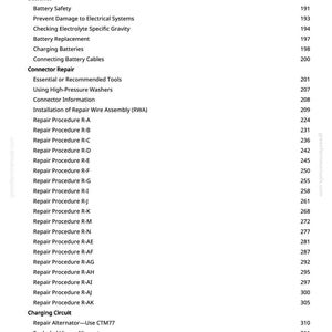 Peut inclure: Une page de manuel avec une table des mati&egrave;res. Les titres incluent &laquo;&nbsp;&Eacute;lectricit&eacute;&nbsp;&raquo;, &laquo;&nbsp;Batteries&nbsp;&raquo;, &laquo;&nbsp;R&eacute;paration des connecteurs&nbsp;&raquo; et &laquo;&nbsp;Circuit de charge&nbsp;&raquo;. Les num&eacute;ros de page sont list&eacute;s &agrave; droite.