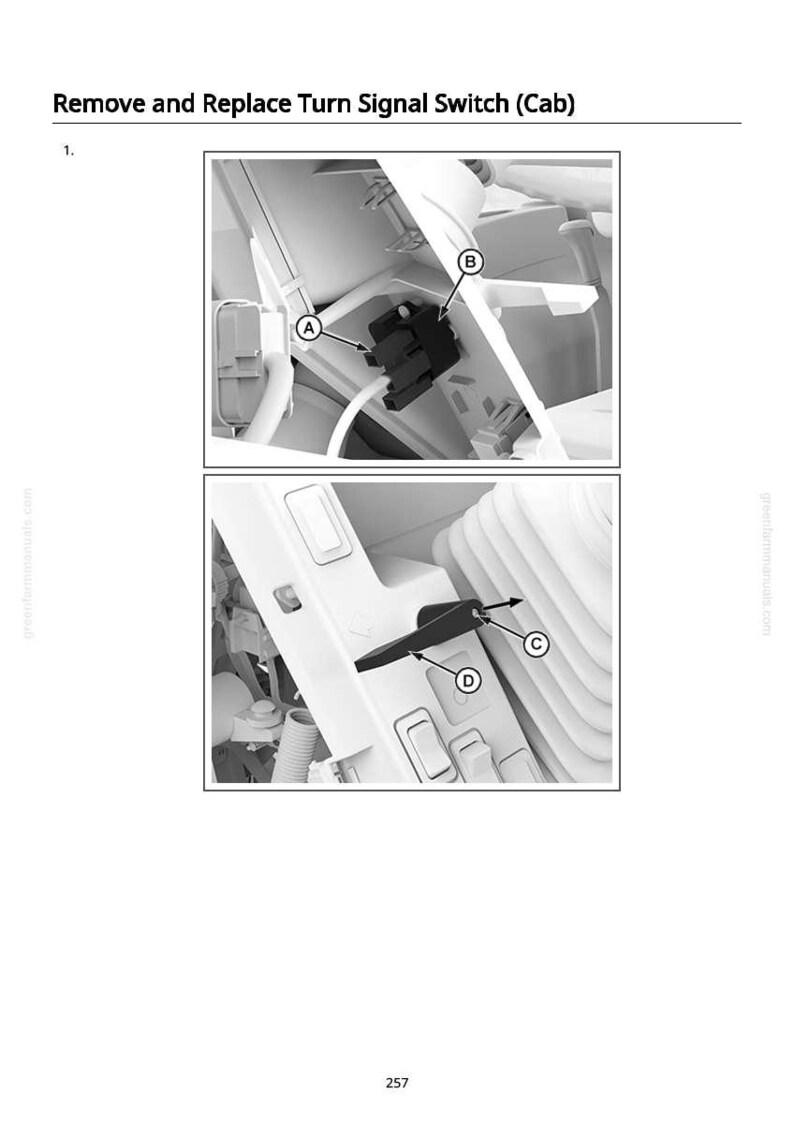 May include: Diagram illustrating the removal and replacement of a turn signal switch in a vehicle cab. The image shows close-up views of the switch components, labeled with letters A, B, C, and D, against a white background.