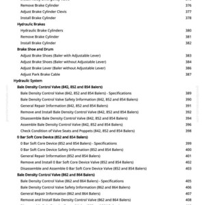 May include: A detailed list of automotive repair procedures, including topics like hydraulic brakes, brake shoes, and bale density control valves. The text is organized with numbered sections and subheadings for easy navigation.