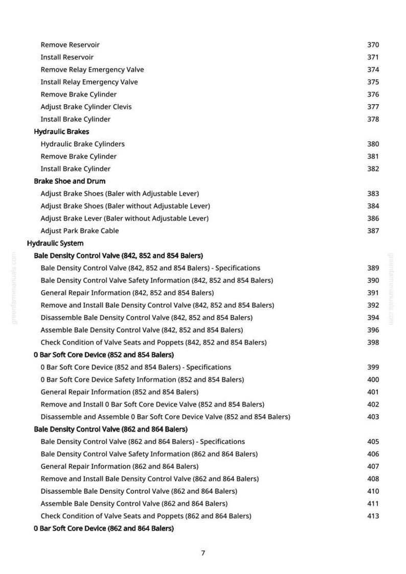 May include: A detailed list of automotive repair procedures, including topics like hydraulic brakes, brake shoes, and bale density control valves. The text is organized with numbered sections and subheadings for easy navigation.