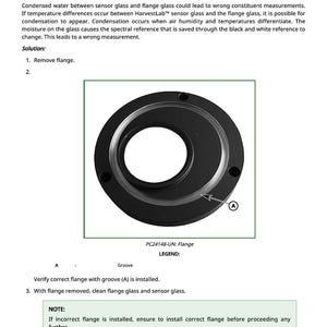 May include: Diagram showing a black flange with a central hole, labeled PC24148-UN. The text explains how condensation can cause inaccurate measurements. Instructions include removing the flange and cleaning the glass.