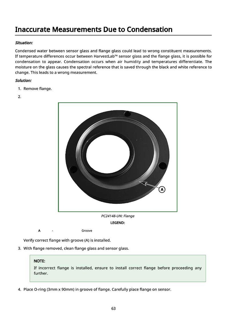 May include: Diagram showing a black flange with a central hole, labeled PC24148-UN. The text explains how condensation can cause inaccurate measurements. Instructions include removing the flange and cleaning the glass.