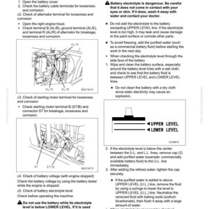 Puede incluir: Una p&aacute;gina de manual con instrucciones de soluci&oacute;n de problemas para el sistema el&eacute;ctrico de un veh&iacute;culo. Los diagramas muestran los terminales de la bater&iacute;a, el alternador y los componentes del motor de arranque. El texto incluye advertencias sobre el electrolito de la bater&iacute;a y los riesgos de explosi&oacute;n.