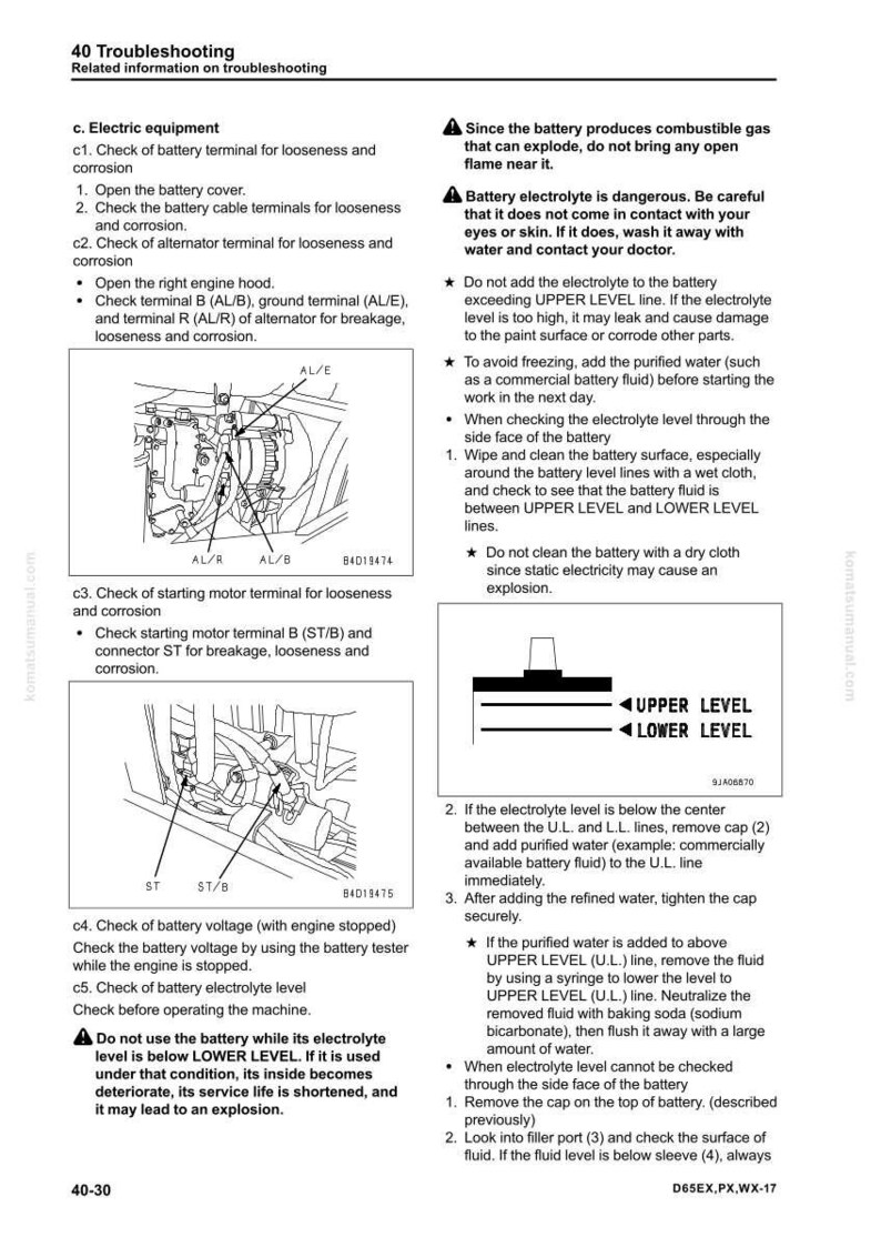 Puede incluir: Una p&aacute;gina de manual con instrucciones de soluci&oacute;n de problemas para el sistema el&eacute;ctrico de un veh&iacute;culo. Los diagramas muestran los terminales de la bater&iacute;a, el alternador y los componentes del motor de arranque. El texto incluye advertencias sobre el electrolito de la bater&iacute;a y los riesgos de explosi&oacute;n.