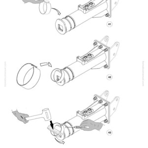 May include: Line drawing showing the assembly of a mechanical component. The image depicts a cylindrical part with a square opening, along with other parts being assembled. The steps are numbered 41, 42, and 43. The Komatsu logo and part number are visible.