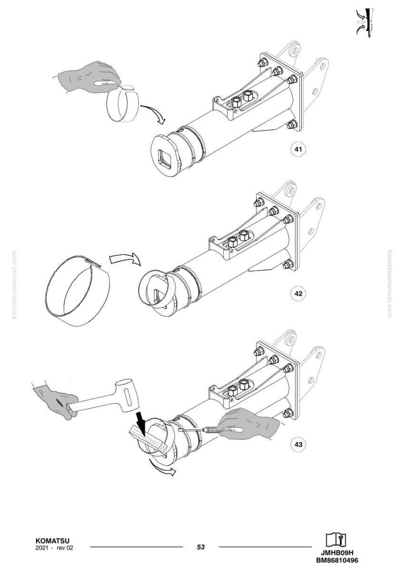 May include: Line drawing showing the assembly of a mechanical component. The image depicts a cylindrical part with a square opening, along with other parts being assembled. The steps are numbered 41, 42, and 43. The Komatsu logo and part number are visible.