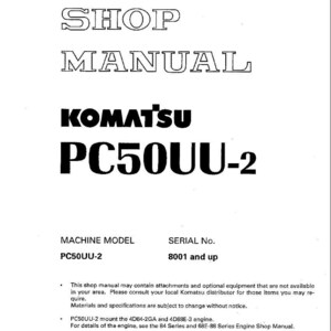 Puede incluir: Una portada de manual de taller blanca con el t&iacute;tulo "SHOP MANUAL" en negrita y contorneado. El logotipo de Komatsu y "PC50UU-2" se muestran de forma destacada. Incluye informaci&oacute;n sobre el modelo de m&aacute;quina y el n&uacute;mero de serie.