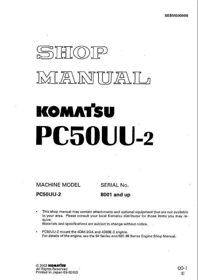 Puede incluir: Una portada de manual de taller blanca con el t&iacute;tulo "SHOP MANUAL" en negrita y contorneado. El logotipo de Komatsu y "PC50UU-2" se muestran de forma destacada. Incluye informaci&oacute;n sobre el modelo de m&aacute;quina y el n&uacute;mero de serie.