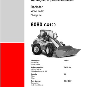 Puede incluir: Lista de piezas de repuesto para una cargadora de ruedas, modelo 8080 CX120. La imagen es en escala de grises y contiene texto en ingl&eacute;s, alem&aacute;n y franc&eacute;s. El logotipo de Weidemann est&aacute; en la parte inferior. Medidas en cm.