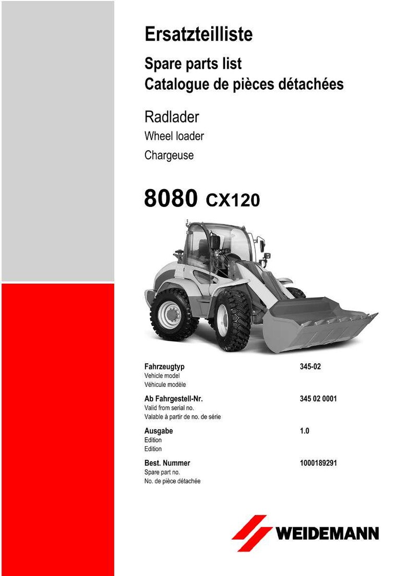 Puede incluir: Lista de piezas de repuesto para una cargadora de ruedas, modelo 8080 CX120. La imagen es en escala de grises y contiene texto en ingl&eacute;s, alem&aacute;n y franc&eacute;s. El logotipo de Weidemann est&aacute; en la parte inferior. Medidas en cm.