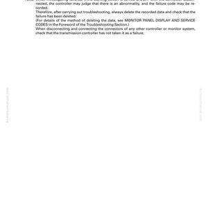 May include: A white page with black text detailing troubleshooting steps for a transmission controller system. The text includes notes on failure investigation, data deletion, and connector handling. The document is from komatsumanual.com.
