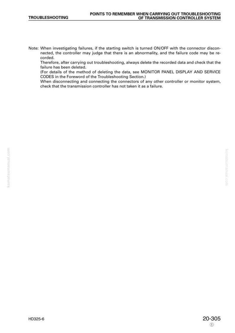 May include: A white page with black text detailing troubleshooting steps for a transmission controller system. The text includes notes on failure investigation, data deletion, and connector handling. The document is from komatsumanual.com.