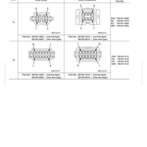 K&ouml;nnte beinhalten: Diagramm elektrischer Steckverbinder mit Pinnummern und Teilenummern. Enth&auml;lt Abbildungen von Stecker- und Buchsenverbindern f&uuml;r 8- und 12-polige Konfigurationen. Text enth&auml;lt "Fehlerbehebung" und "Verbindungstabelle".
