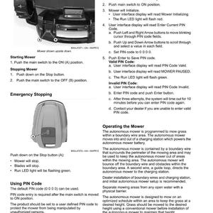 May include: A page from an owner's manual detailing the operation of an autonomous lawn mower. Instructions include starting, stopping, and entering a PIN code. Diagrams and text explain the mower's features and functions.