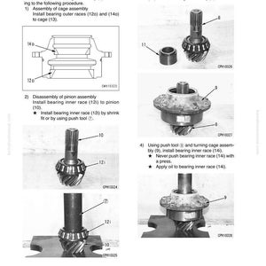 May include: Diagram of rear differential disassembly and assembly steps. Includes illustrations of pinion and cage assembly, bearing races, and related components. Text instructions accompany each step, detailing the process.