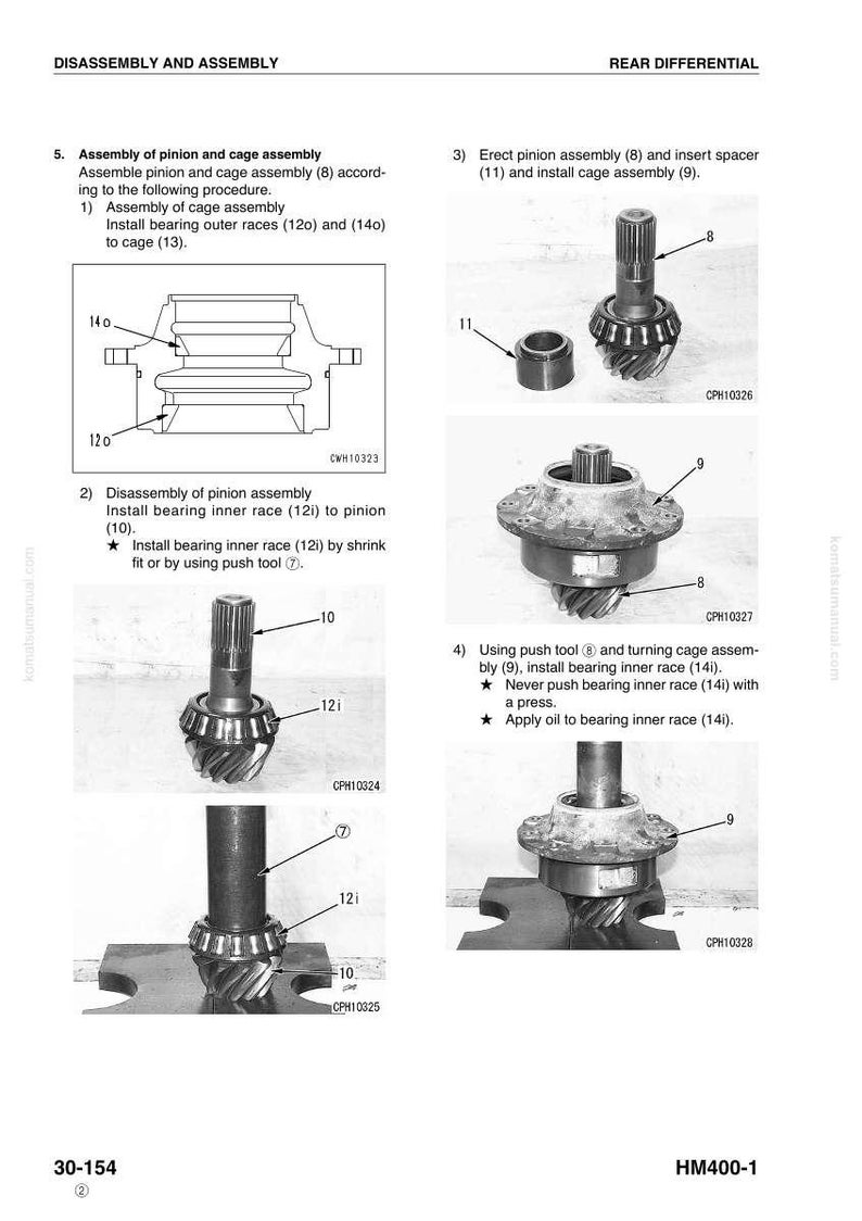 May include: Diagram of rear differential disassembly and assembly steps. Includes illustrations of pinion and cage assembly, bearing races, and related components. Text instructions accompany each step, detailing the process.