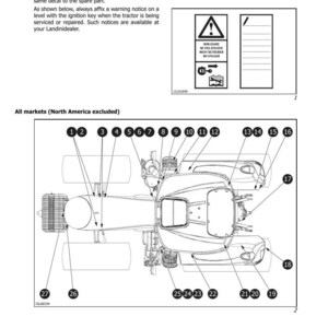 K&ouml;nnte beinhalten: Diagramm eines Traktors mit nummerierten Teilen, begleitet von Sicherheitshinweisen und Warnschildern. Das Bild enth&auml;lt Text in Englisch, Franz&ouml;sisch, Deutsch und Spanisch, mit einem Hinweis, der Nordamerika ausschlie&szlig;t.