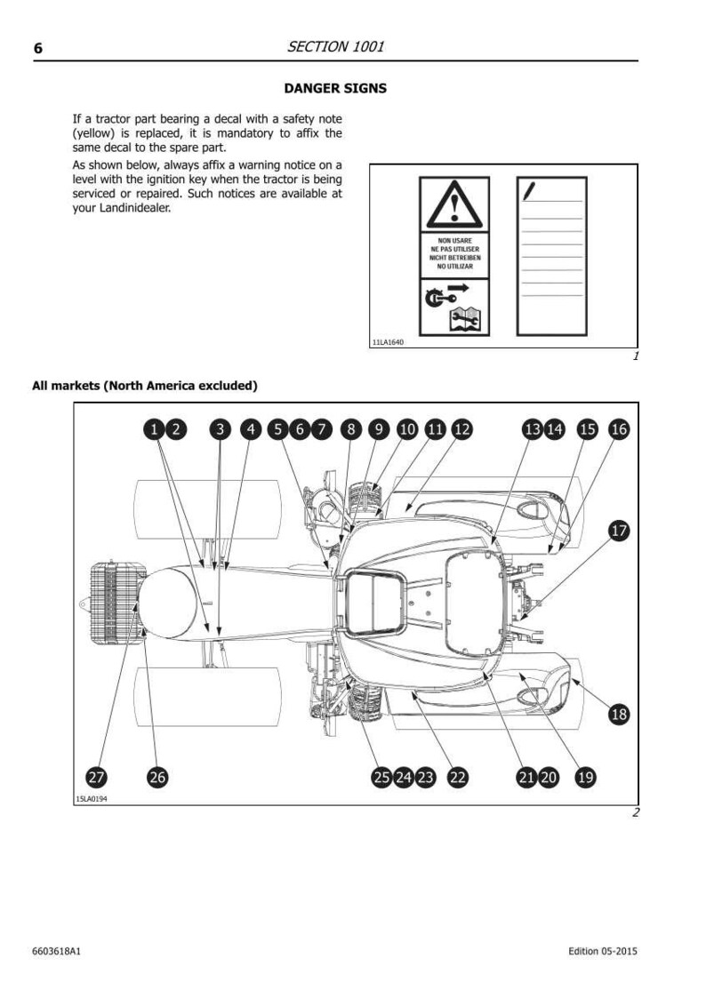 K&ouml;nnte beinhalten: Diagramm eines Traktors mit nummerierten Teilen, begleitet von Sicherheitshinweisen und Warnschildern. Das Bild enth&auml;lt Text in Englisch, Franz&ouml;sisch, Deutsch und Spanisch, mit einem Hinweis, der Nordamerika ausschlie&szlig;t.