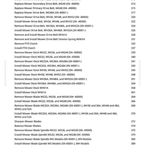 May include: A printed page from a greenfarmmanuals.com manual, listing mower maintenance procedures. The text includes instructions for removing and installing mower drive belts, blades, and spindles, with corresponding part numbers.