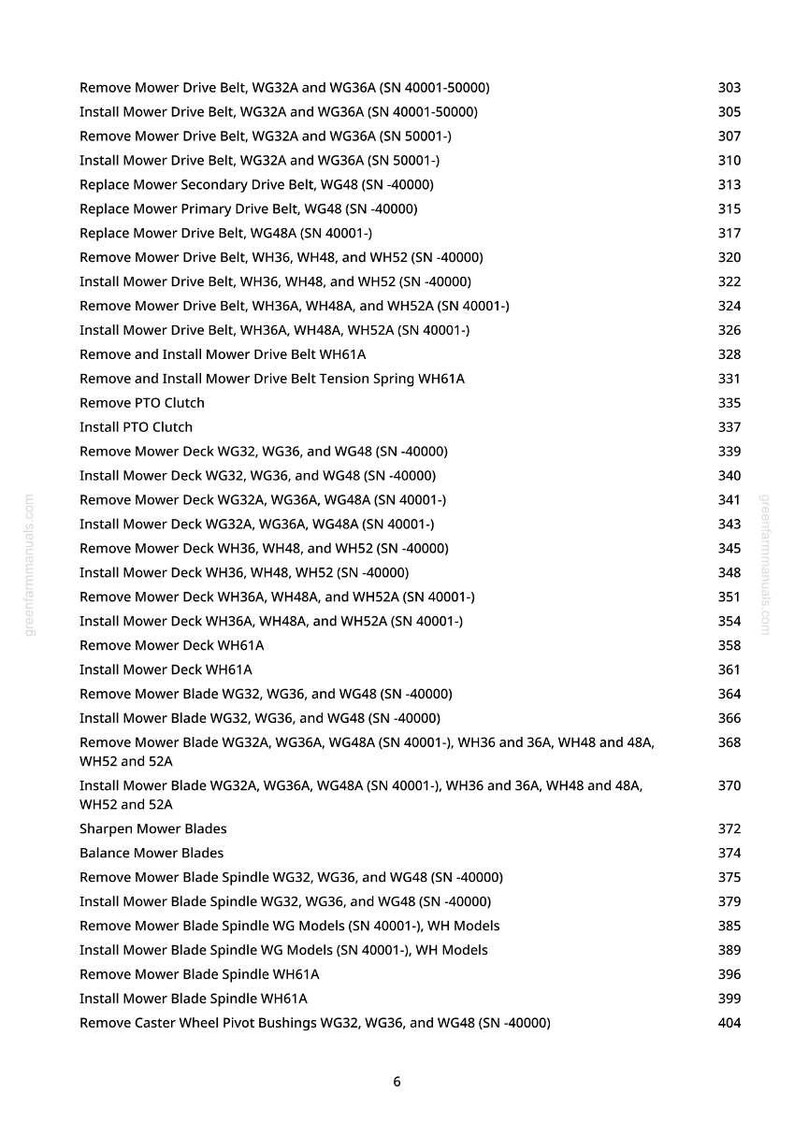 May include: A printed page from a greenfarmmanuals.com manual, listing mower maintenance procedures. The text includes instructions for removing and installing mower drive belts, blades, and spindles, with corresponding part numbers.