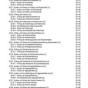 Puede incluir: Una p&aacute;gina de un manual t&eacute;cnico alem&aacute;n, titulada "INHALT", que enumera los procedimientos de reparaci&oacute;n del motor. El texto incluye t&eacute;rminos como "Kolben" (pist&oacute;n), "Kurbelwelle" (cig&uuml;e&ntilde;al) y "Zylinderlaufbuchse" (camisa de cilindro).